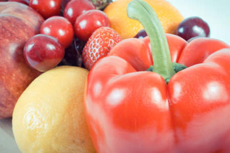 Fresh healthy natural fruits and vegetables as source natural minerals and vitaminsの写真素材