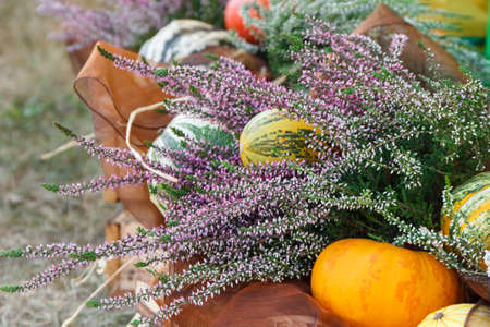 Seasonal harvesting decorations made of vegetables and flowersの写真素材