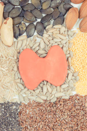 Best nutritious ingredients or products for healthy thyroid. Food as source natural vitamins and mineralsの写真素材