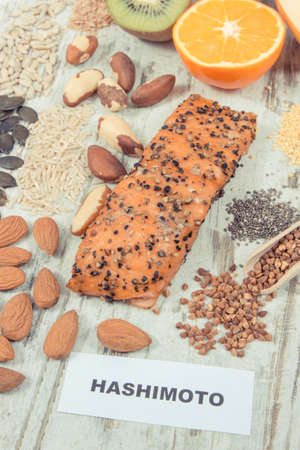 Best nutritious food for healthy thyroid. Natural eating containing vitamins and mineralsの写真素材