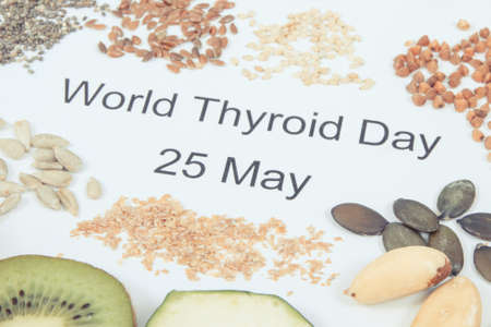 Inscription World Thyroid Day 25 May and best food as source natural minerals and vitamins for...