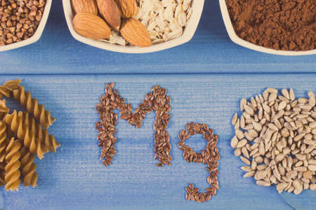 Inscription Mg and ingredients or products containing magnesium, vitamins and minerals. Healthy...