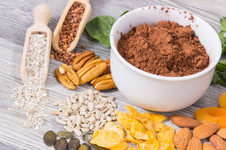 Nnutritious healthy food containing natural magnesium, dietary fiber and other vitamins or mineralsの写真素材
