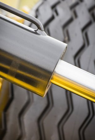 Piston or actuator and black tire in truck, tractor or other pneumatic or hydraulic machine....