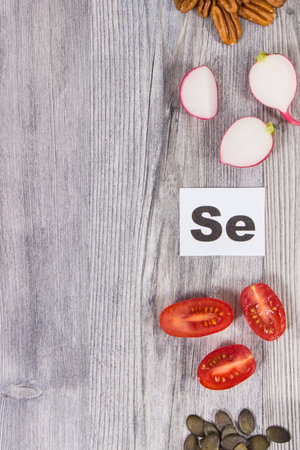 Healthy nutritious food containing natural selenium and other vitamins and minerals. Copy space for text or inscriptionの写真素材