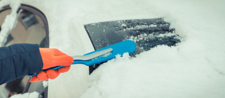 Hand using brush and remove snow from car and windscreen. Winter problems in transportation