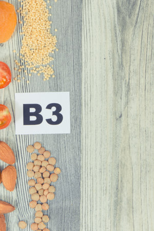 Various products or ingredients as source natural vitamin B3. Copy space for text or inscription
