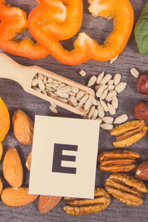 Various ingredients containing natural vitamin E, other minerals and dietary fiber. Healthy lifestyle and nutritionの写真素材