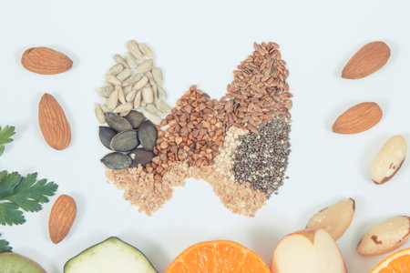 Fresh nutritious ingredients in shape of thyroid. Healthy food as a source of vitamins and minerals....