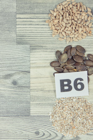 Various nutritious ingredients as source natural vitamin B6, minerals and dietary fiber. Place for text or inscriptionの写真素材