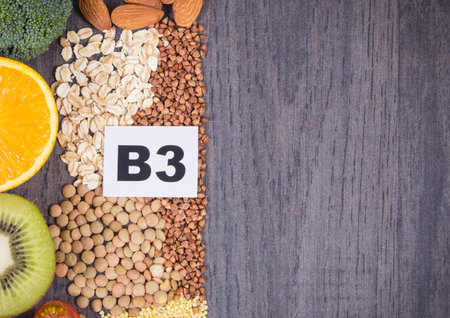 Healthy nutritious food as source natural vitamin B3, dietary fiber and other minerals. Place for text or inscription on boardの写真素材