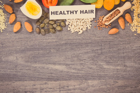 Best nutritious products containing differents natural vitamins and minerals for healthy hair. Copy space for text or inscriptionの写真素材