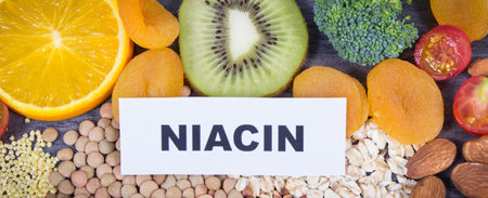Healthy natural ingredients containing vitamin B3 and minerals. Nutritious eating. dark backgroundの写真素材