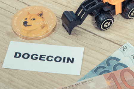 Dogecoin, miniature excavator and euro. Symbol of cryptocurrency. International network payment. finance conceptの写真素材