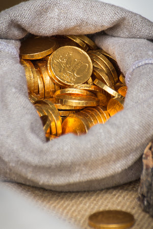 Pile of Euro cent coins in a jute bag. Financeの写真素材