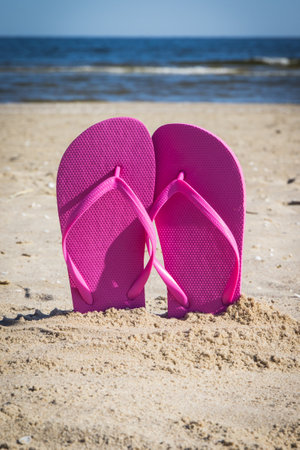 Pink flip flop on the beach. Accessories for relax on sand. Summer vacation conceptの写真素材
