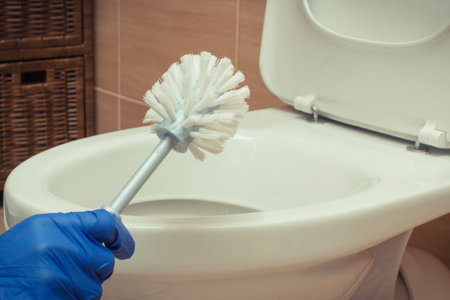 Domestic accessories for cleaning toilet in bathroom. Household dutiesの写真素材