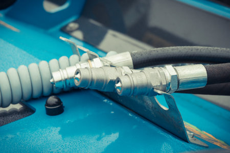 Hydraulic or pneumatic mechanism in industrial or agricultural machine. Technology and engineeringの写真素材