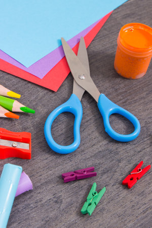 Stationery accessories used for learning at school or preschool. Development of creativity, logical thinking, coordination and kids motor skillsの写真素材