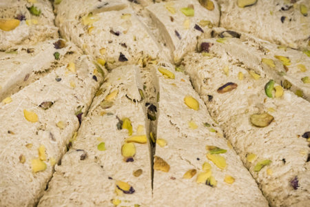 Portion of halva with pistachio and vanilla. Traditional balkan dessert