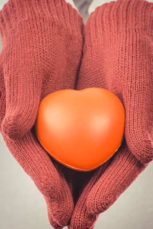 Hands of woman in woolen gloves holding red heart. Symbol of love and lifeの写真素材