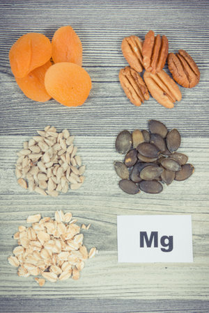 Inscription Mg with healthy food as source natural magnesium, dietary fiber and other vitamins and mineralsの写真素材