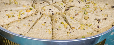 Portion of halva with pistachio and vanilla. Traditional balkan dessert
