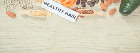 Best nutritious products containing differents natural vitamins and minerals for healthy hair. Copy space for text or inscriptionの写真素材