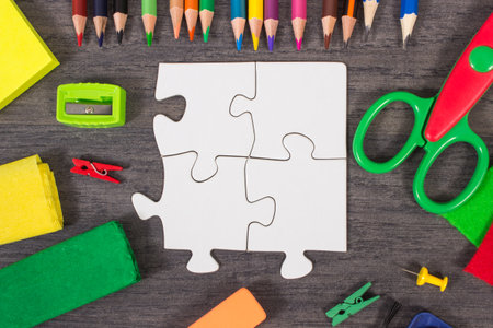 Colorful stationery accessories and school supplies using for drawing, writing, learning and developing creativity. Kids motor skillsの写真素材