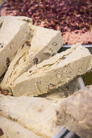 Portion of halva with vanilla and pomegranate juice. Traditional balkan dessertの写真素材