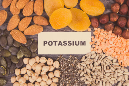 Inscription potassium with nutritious various ingredients containing natural minerals and vitamin Kの写真素材