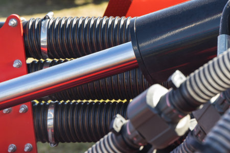 Black pistons or actuators as part of pneumatic or hydraulic machine. Technology and engineeringの写真素材