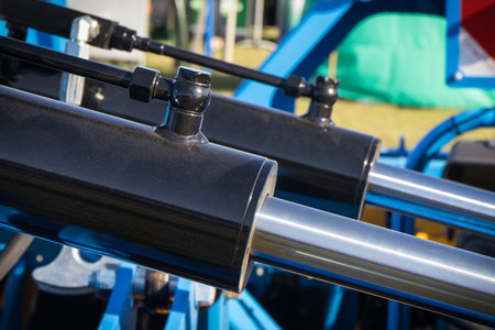 Black pistons or actuators as part of pneumatic or hydraulic machine. Technology and engineeringの写真素材