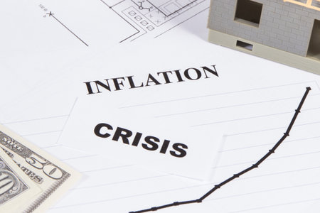 Inscriptions crisis and inflation, Dollar currencies, small toy house under construction and electrical construction drawings. High prices of real estate, building or rent homeの写真素材