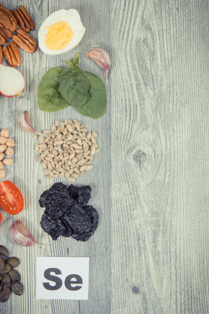 Healthy nutritious food as source natural selenium and other vitamins and minerals. Place for text or inscriptionの写真素材