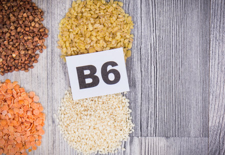 Healthy natural ingredients containing vitamin B6 and minerals. Nutritious eating. Place for text or inscriptionの写真素材