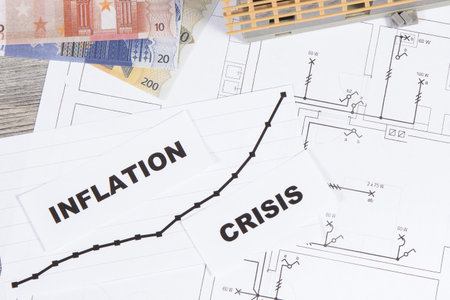 Inscriptions crisis and inflation, Euro currencies, small house under construction on electrical...