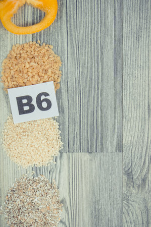 Healthy natural ingredients containing vitamin B6 and minerals. Nutritious eating. Place for text or inscriptionの写真素材