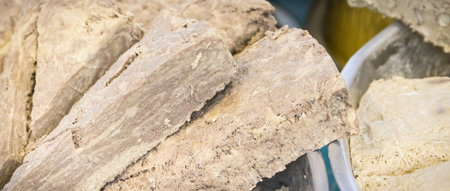 Portion of halva with cocoa and vanilla. Traditional balkan dessert