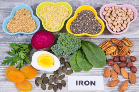 Healthy nutritious ingredients containing iron, vitamins and minerals. Best food in the fight against anemiaの写真素材