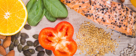 Nutritious products or ingredients containing natural vitamins and minerals for healthy and lush...