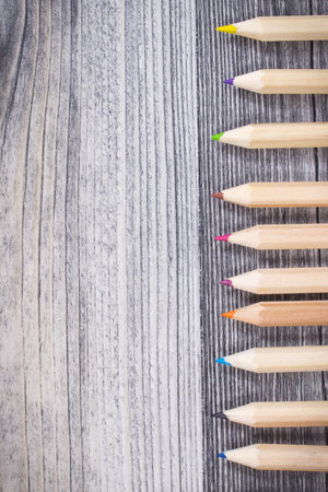 Different colorful crayons using for learning at school or preschool. Development of creativity concept. Copy space for text or inscriptionの写真素材