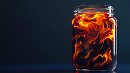 Close-up image of a glass jar filled with a vibrant, swirling, orange-colored liquid.  The liquid appears to be swirling around pieces of ice, creating an abstract and visually appealing design.  The jar is clear glass, and the image is lit in a way that highlights the texture and colors of the liquid.  The background is dark, creating a dramatic contrast with the vibrant interior of the jar.の素材