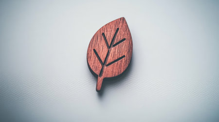 Detailed image of a small, carved, wooden leaf, displayed on a light-gray background.  The leaf's veins are clearly visible, and the wooden texture is prominent.の素材