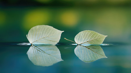 Two translucent leaves rest on the surface of still water, showcasing intricate veining and a mirrored reflection.  The background is a soft blend of greens and blues, focusing attention on the delicate interplay of leaf and water.の素材
