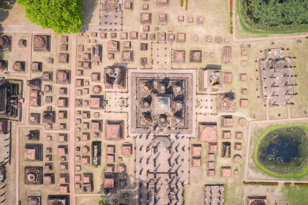 Sukhothai Historical Park in Sukhothai province, Thailand. Aerial view from flying droneの写真素材