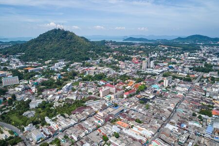 PHUKET, THAILAND - APRIL 14 : Phuket old town with old buildings in Sino Portuguese style is a very famous tourist destination in Phuket on April 14, 2017. Aerial view from flying droneのeditorial素材