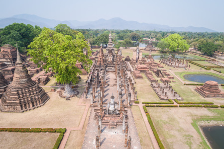 Sukhothai Historical Park in Sukhothai province, Thailand. Aerial view from flying droneの写真素材