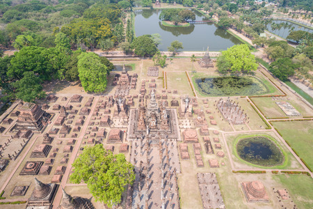 Sukhothai Historical Park in Sukhothai province, Thailand. Aerial view from flying droneの写真素材