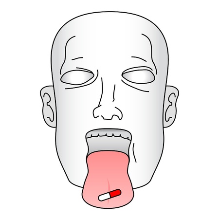Sick face drawing showing a capsule with your tongue のイラスト素材